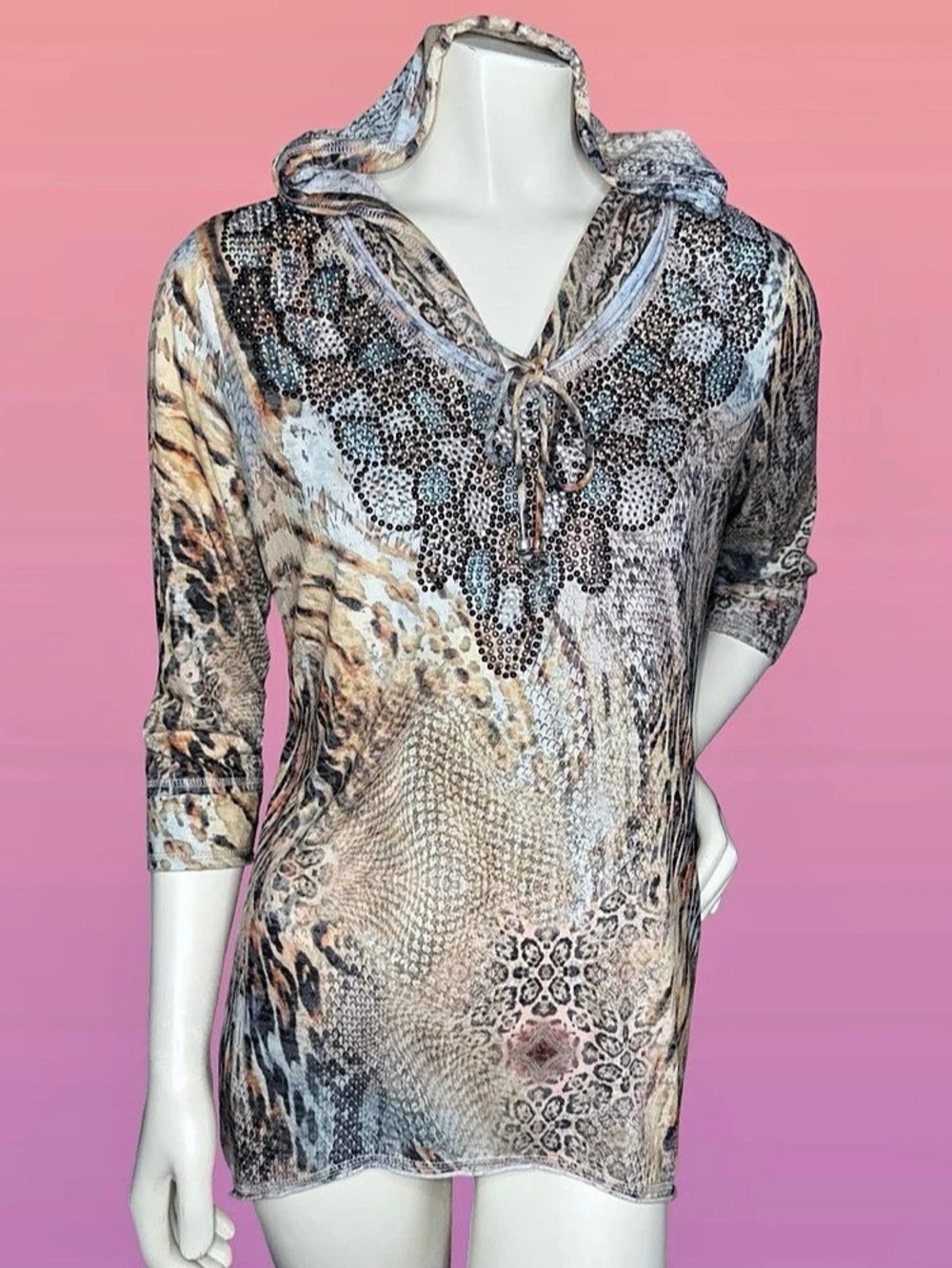 V Cristina Y2K Animal Print Embellished Hooded Tunic